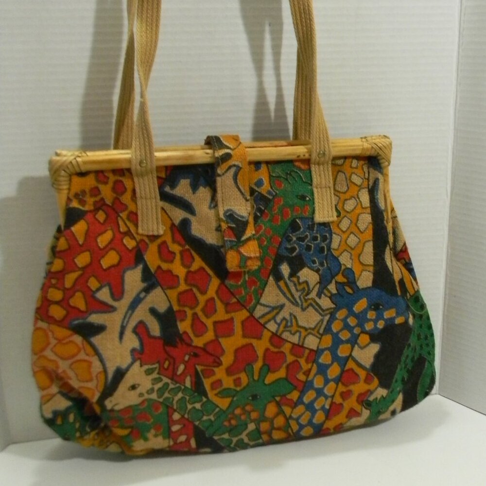 African Giraffe Print Purse w Bamboo Closure NOS Vintage Red Green Yellow - Picture 2 of 7
